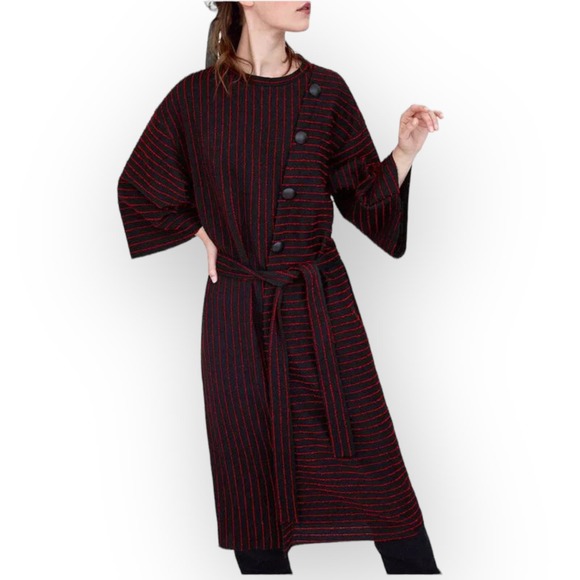 Zara Women’s Striped Jacquard Button Detail Midi Dress Red Black Size S - Picture 2 of 11
